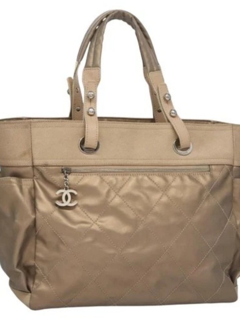 Chanel Paris Biarritz Mm Tote Bag Coated Canvas Gold Tone Silver Cc Auth Ac3593